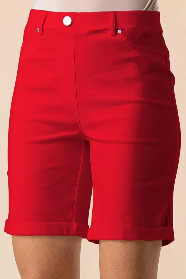 Red Elastic Waist Turn Up Stretch Shorts Women Roman Trousers