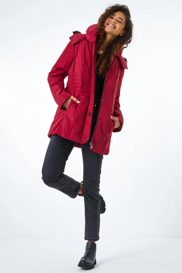Red Faux Fur Trim Hooded Coat Women Roman Coats