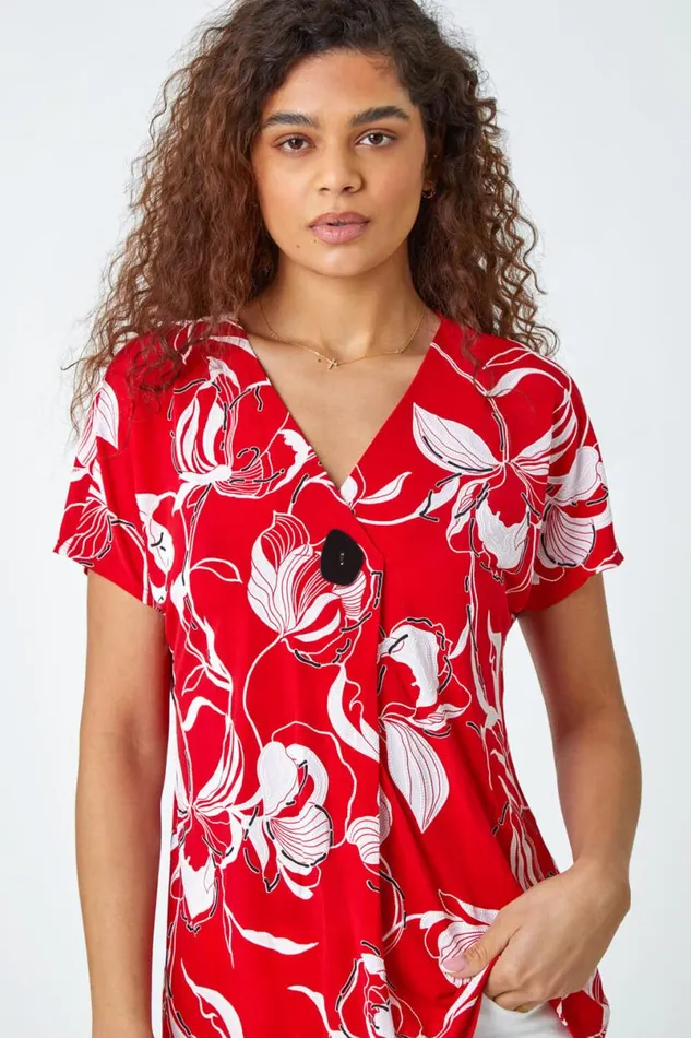 Red Floral Button Detail VNeck Stretch Top Women Roman Tops