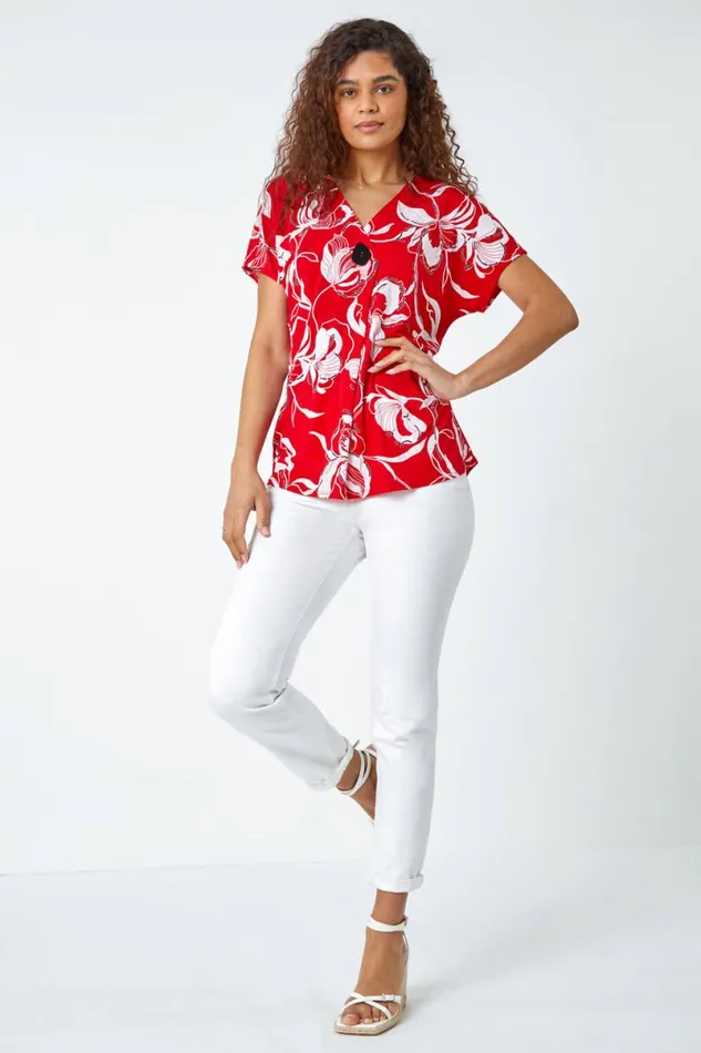 Red Floral Button Detail VNeck Stretch Top Women Roman Tops