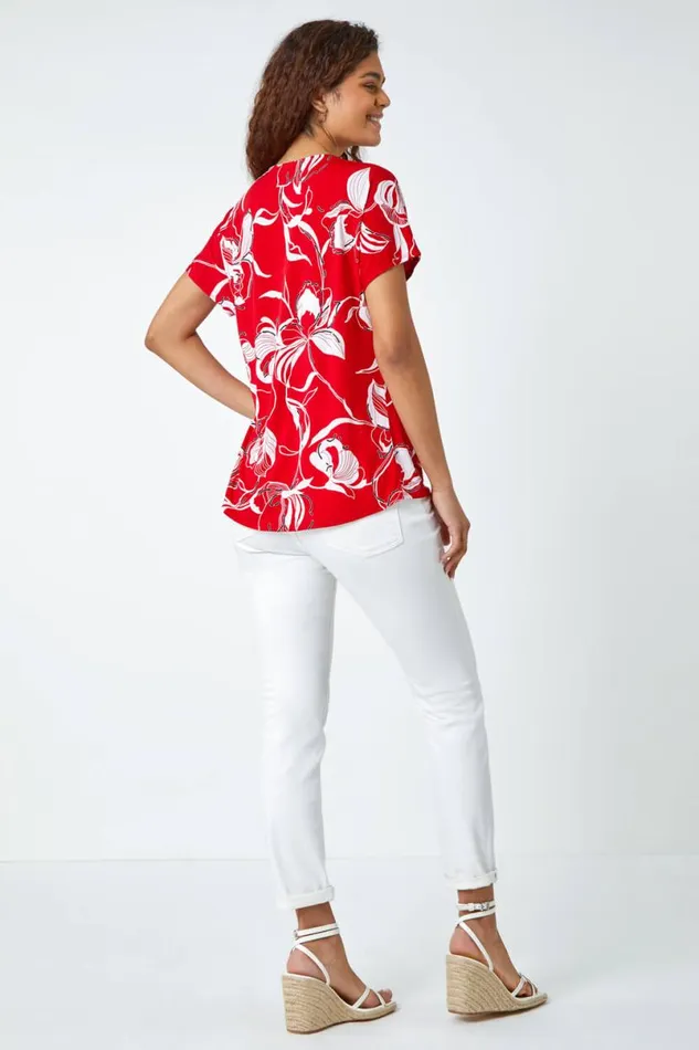 Red Floral Button Detail VNeck Stretch Top Women Roman Tops