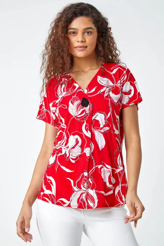 Red Floral Button Detail VNeck Stretch Top Women Roman Tops