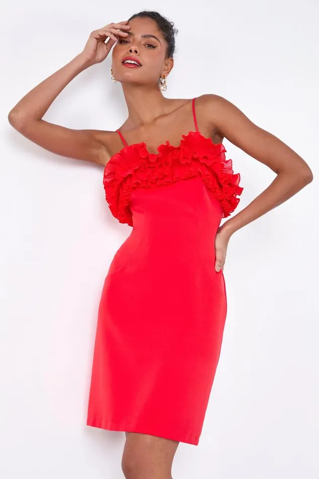 Red Frill Detail Stretch Dress Women Roman Dresses