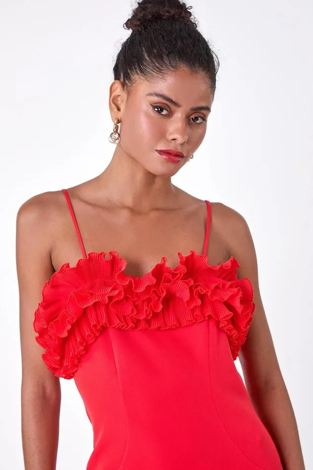 Red Frill Detail Stretch Dress Women Roman Dresses