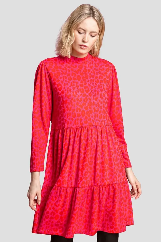 Red Jacquard Leopard Print Tiered Dress Women Roman Dresses