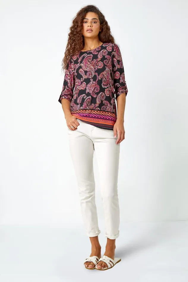 Red Paisley Border Print Stretch Tunic Top Women Roman Tops