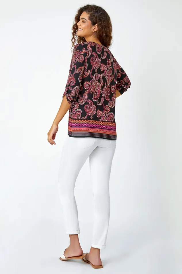 Red Paisley Border Print Stretch Tunic Top Women Roman Tops