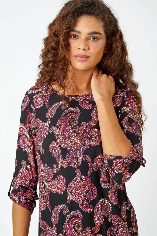 Red Paisley Border Print Stretch Tunic Top Women Roman Tops