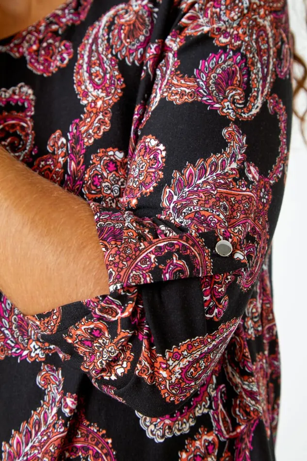 Red Paisley Border Print Stretch Tunic Top Women Roman Tops