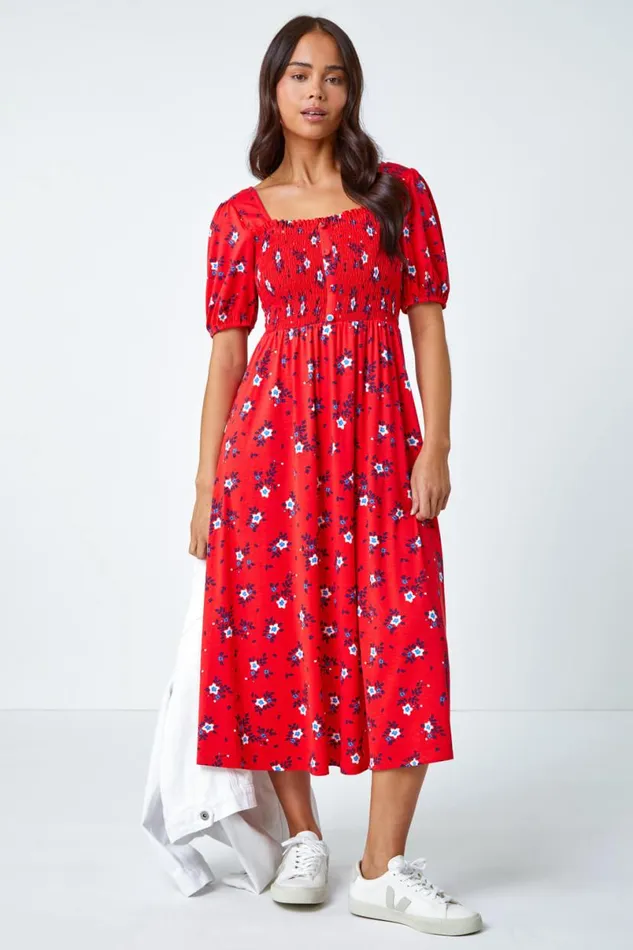 Red Petite Shirred Stretch Floral Midi Dress Women Roman Dresses