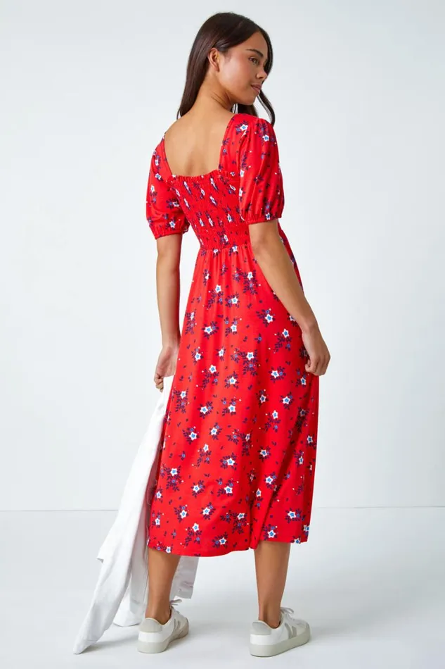 Red Petite Shirred Stretch Floral Midi Dress Women Roman Dresses