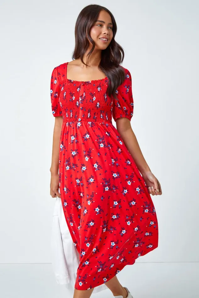 Red Petite Shirred Stretch Floral Midi Dress Women Roman Dresses