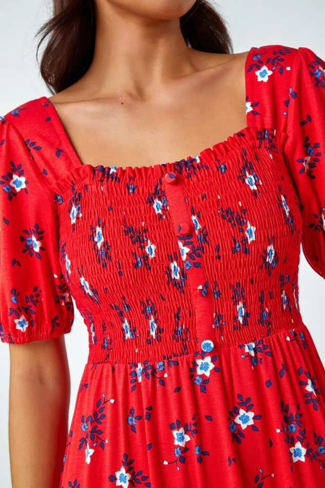 Red Petite Shirred Stretch Floral Midi Dress Women Roman Dresses