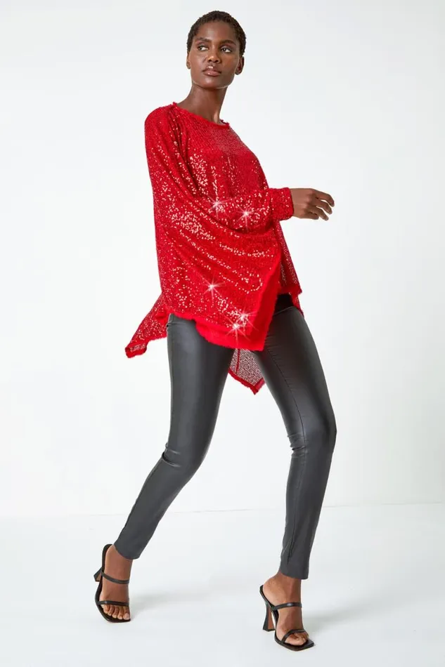 Red Sequin Cape Overlay Stretch Top Women Roman Tops