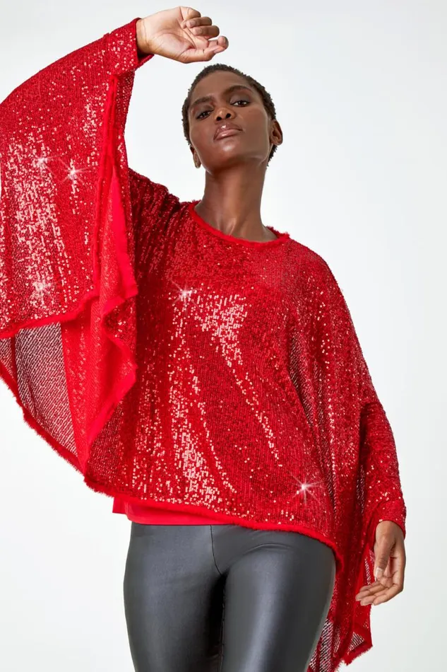 Red Sequin Cape Overlay Stretch Top Women Roman Tops