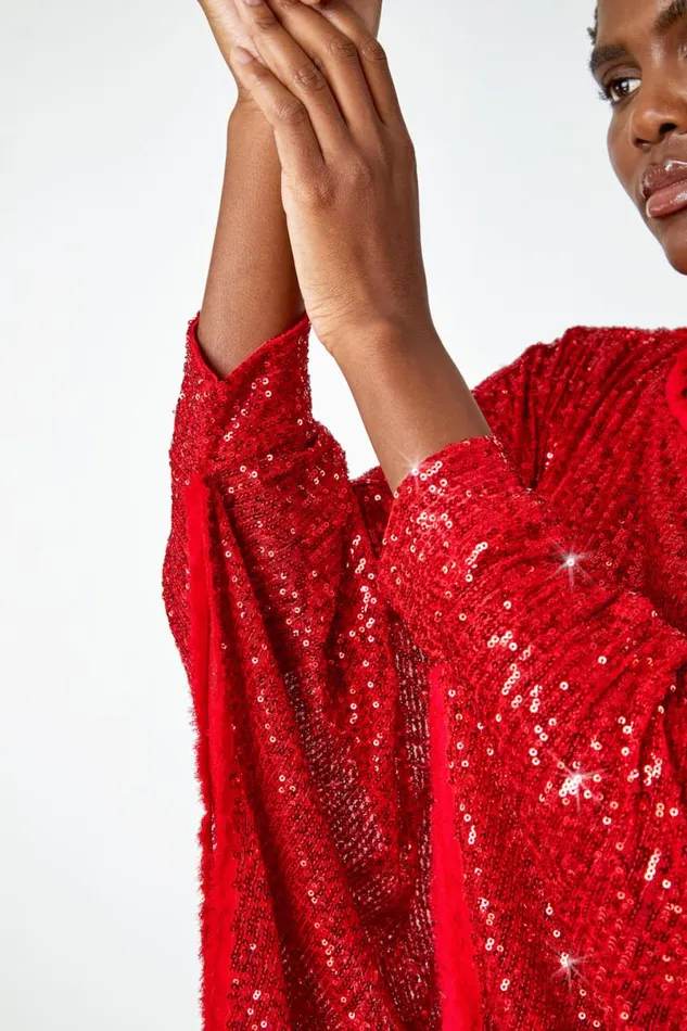 Red Sequin Cape Overlay Stretch Top Women Roman Tops