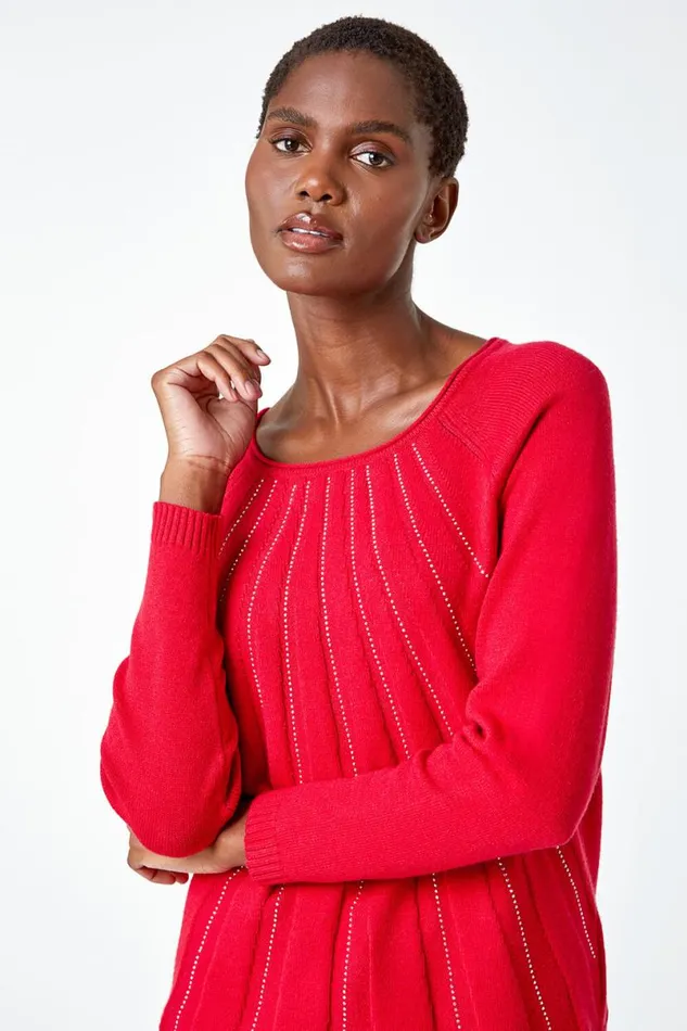 Red Sparkle Detail Stretch Knit Jumper Women Roman Knitwear