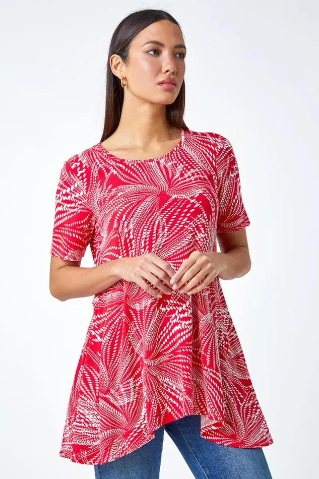 Red Textured Fan Print Hanky Hem Tunic Top Women Roman Tops