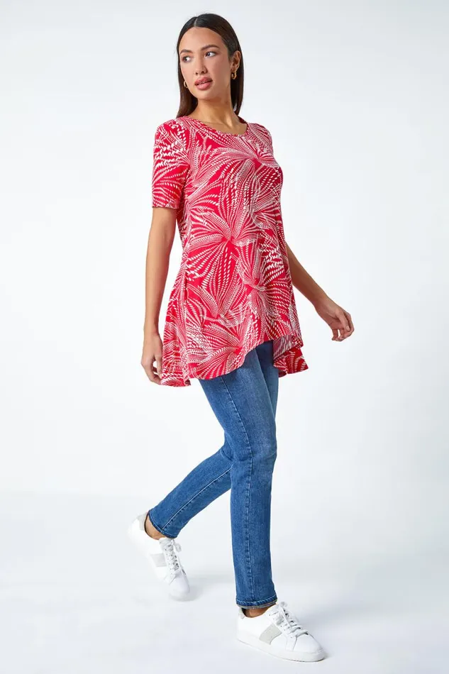Red Textured Fan Print Hanky Hem Tunic Top Women Roman Tops