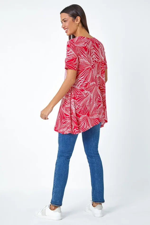 Red Textured Fan Print Hanky Hem Tunic Top Women Roman Tops