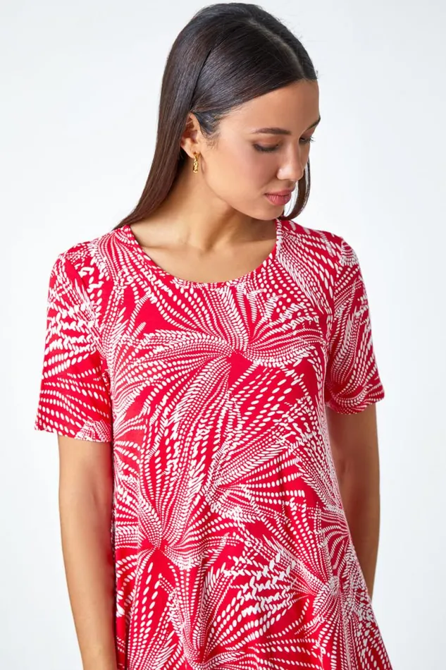 Red Textured Fan Print Hanky Hem Tunic Top Women Roman Tops
