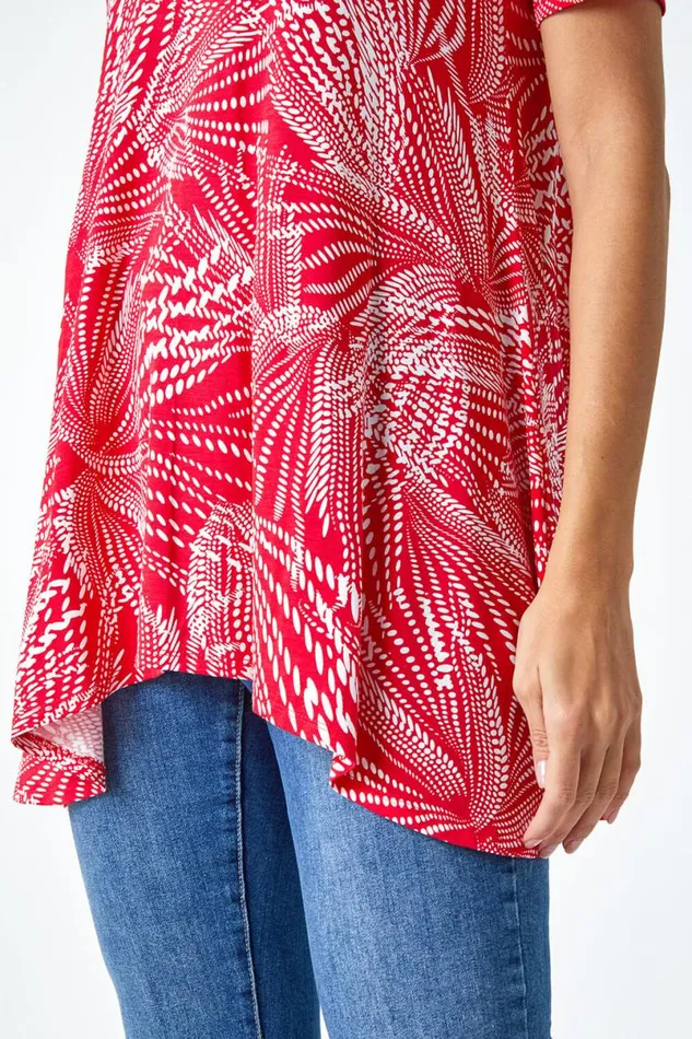 Red Textured Fan Print Hanky Hem Tunic Top Women Roman Tops