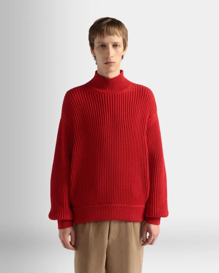 Roll Neck In Candy Red Cotton Men Bally Knitwear