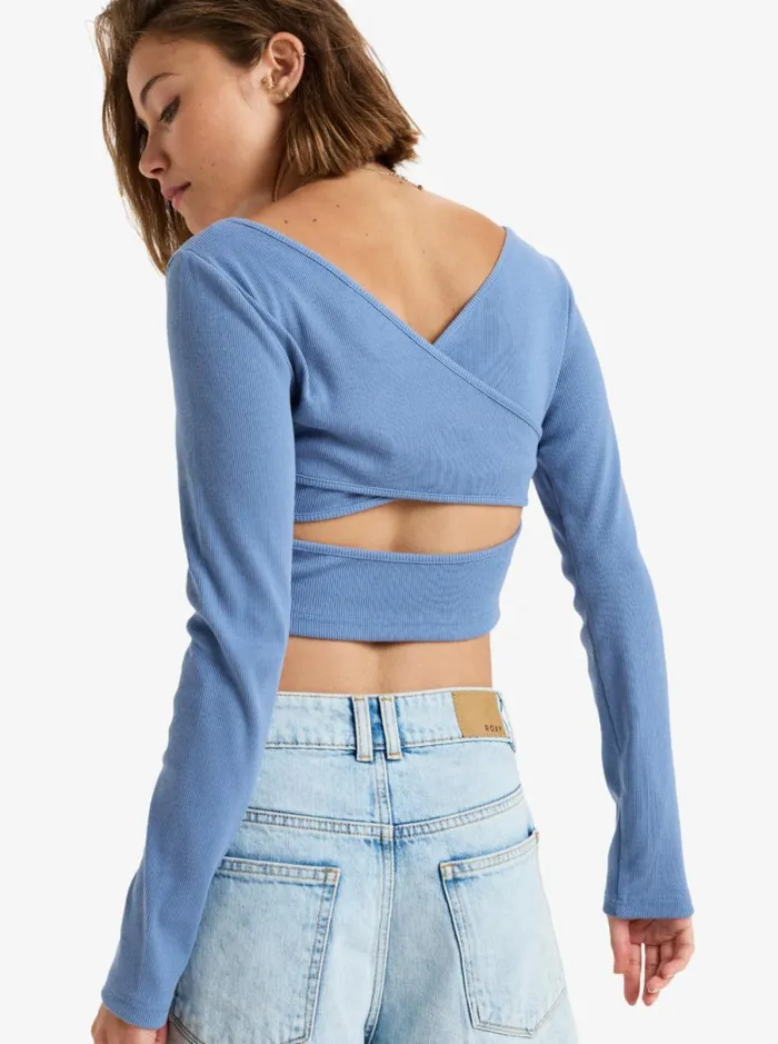 Roxy Good Keepsake 8211 Long Sleeves Cropped Top Infinity Blue Women TShirts and Tops