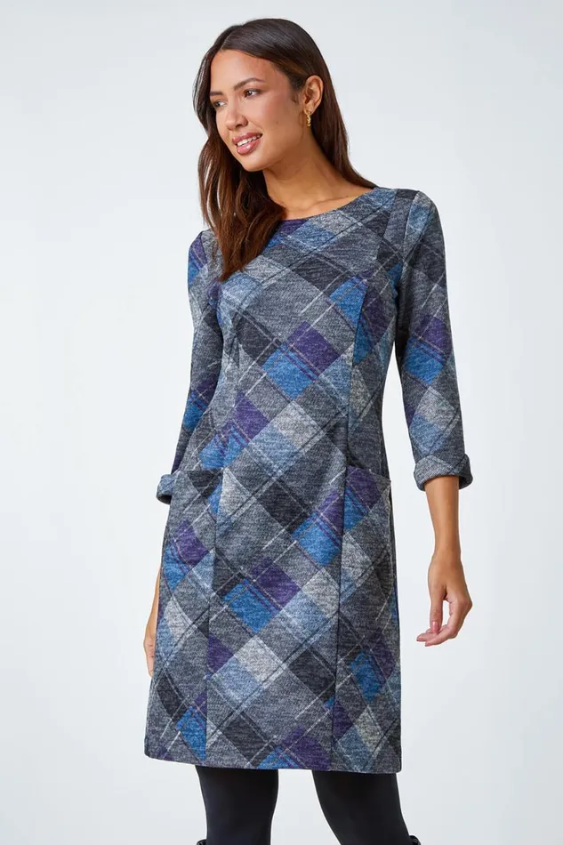 Royal Blue Check Print Shift Stretch Dress Women Roman Dresses