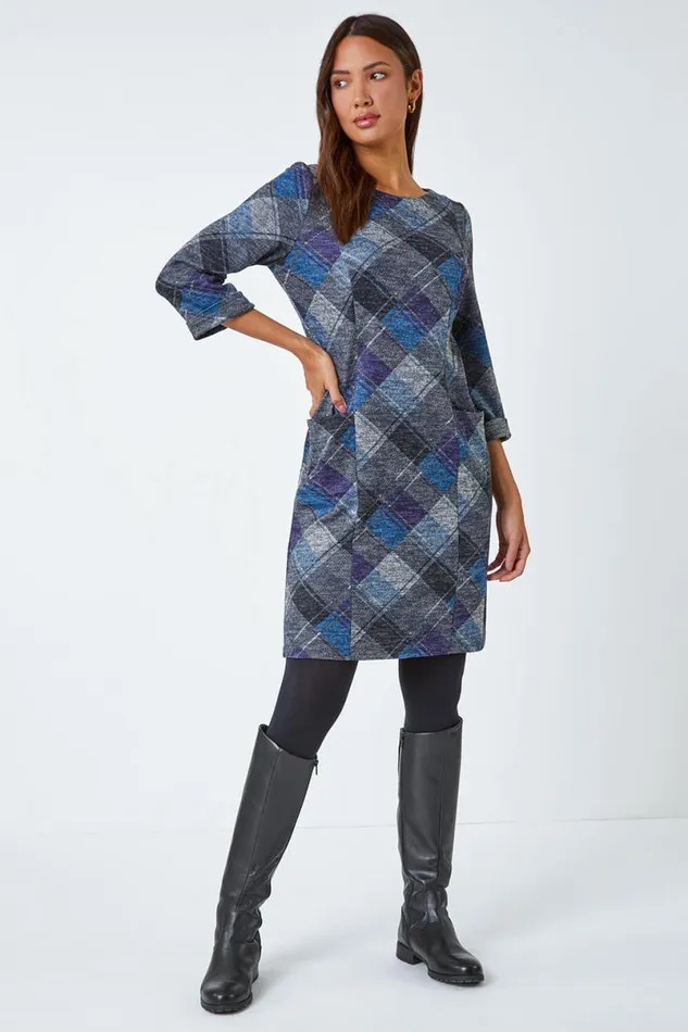 Royal Blue Check Print Shift Stretch Dress Women Roman Dresses