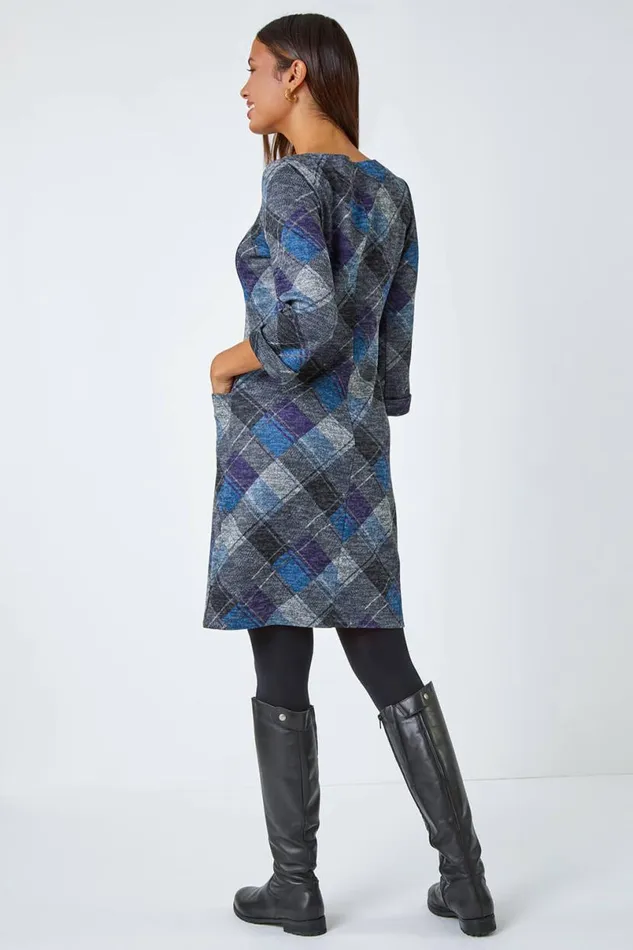 Royal Blue Check Print Shift Stretch Dress Women Roman Dresses