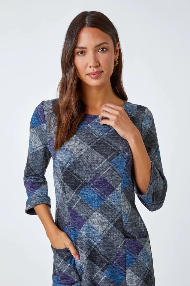Royal Blue Check Print Shift Stretch Dress Women Roman Dresses