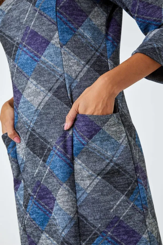 Royal Blue Check Print Shift Stretch Dress Women Roman Dresses