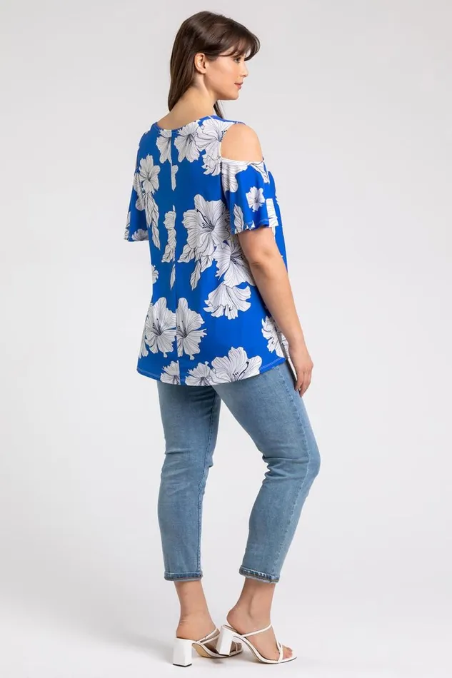 Royal Blue Curve Floral Print VNeck Cold Shoulder Top Women Roman Tops
