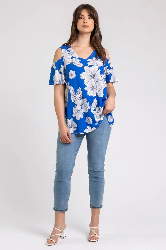 Royal Blue Curve Floral Print VNeck Cold Shoulder Top Women Roman Tops