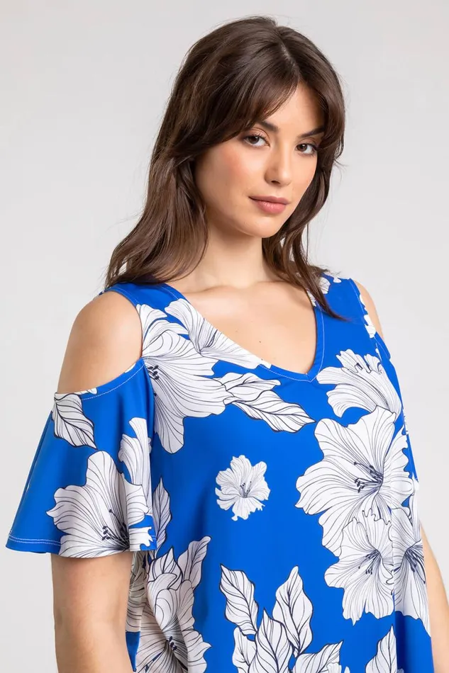 Royal Blue Curve Floral Print VNeck Cold Shoulder Top Women Roman Tops
