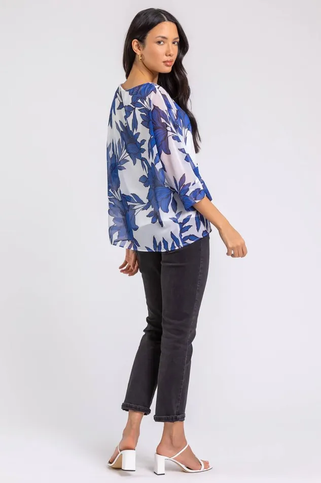 Royal Blue Floral Print Chiffon Overlay Top Women Roman Tops