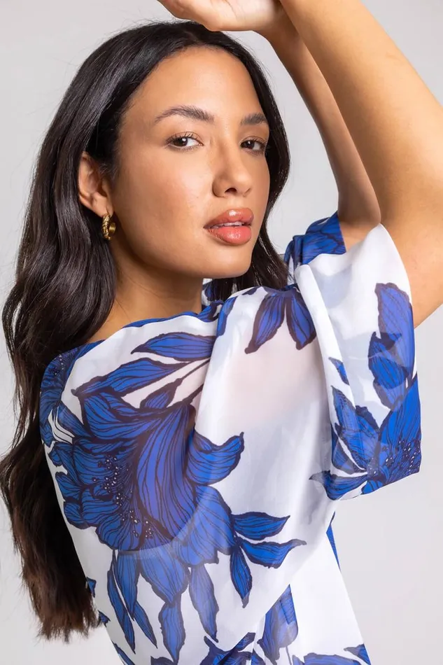 Royal Blue Floral Print Chiffon Overlay Top Women Roman Tops