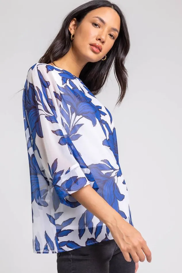 Royal Blue Floral Print Chiffon Overlay Top Women Roman Tops