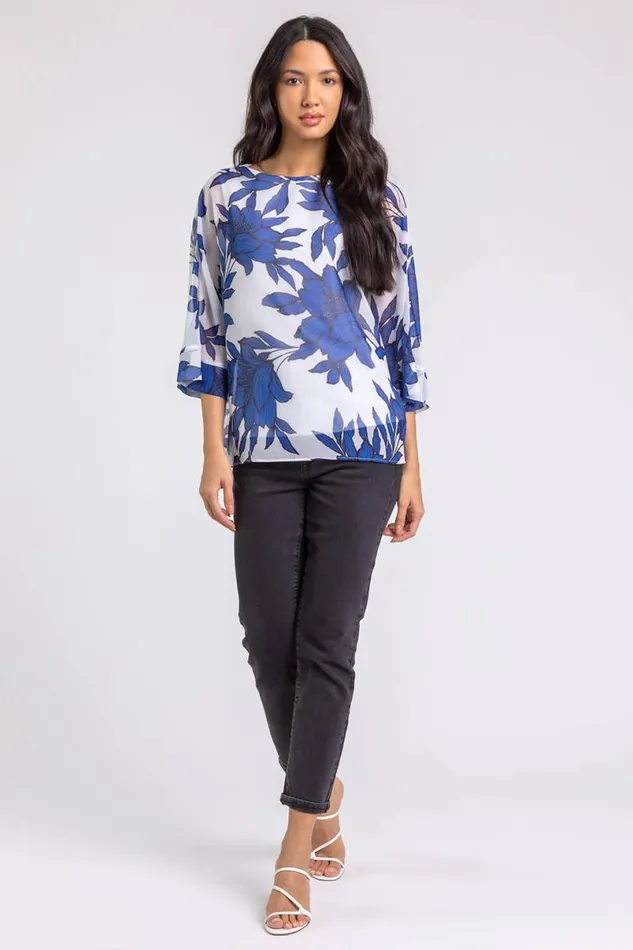 Royal Blue Floral Print Chiffon Overlay Top Women Roman Tops