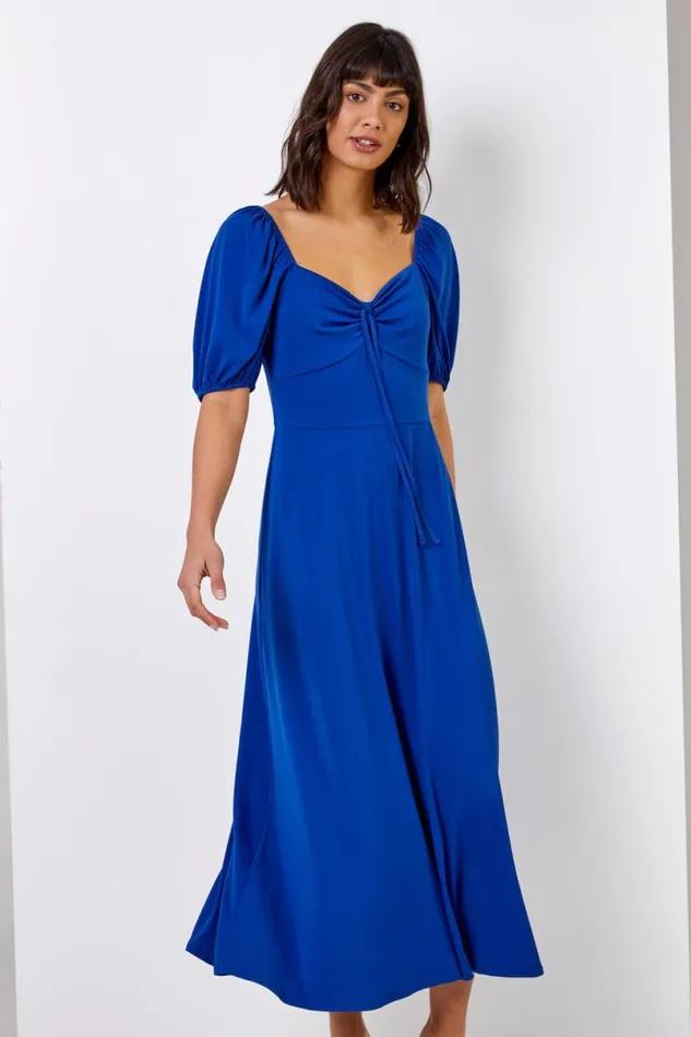 Royal Blue Ruched Jersey Tie Detail Midi Dress Women Roman Dresses