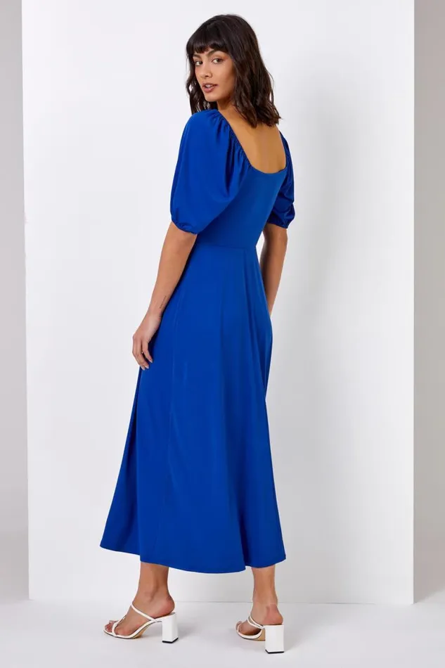 Royal Blue Ruched Jersey Tie Detail Midi Dress Women Roman Dresses
