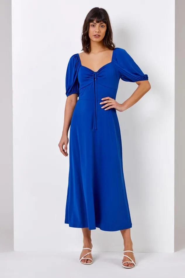 Royal Blue Ruched Jersey Tie Detail Midi Dress Women Roman Dresses