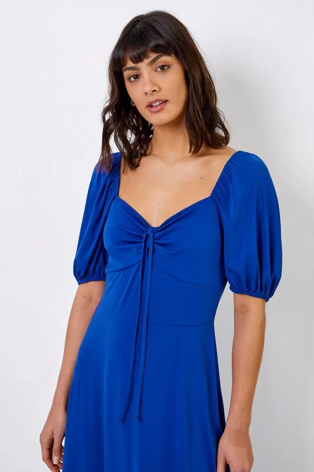 Royal Blue Ruched Jersey Tie Detail Midi Dress Women Roman Dresses