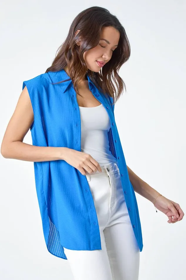 Royal Blue Textured Sleeveless Blouse Women Roman Tops