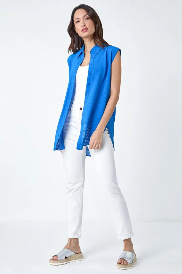Royal Blue Textured Sleeveless Blouse Women Roman Tops