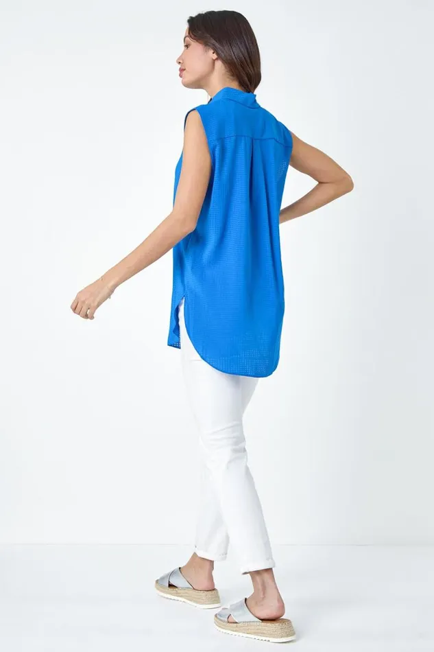 Royal Blue Textured Sleeveless Blouse Women Roman Tops