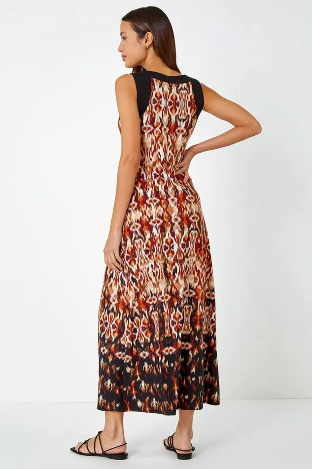 Rust Sleeveless Aztec Maxi Stretch Dress Women Roman Dresses