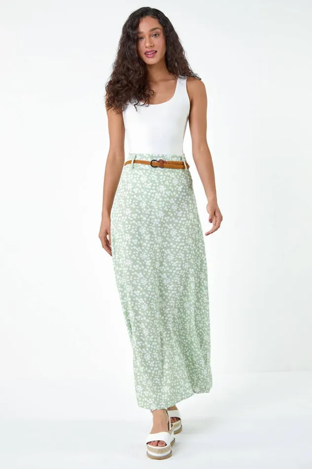 Sage Ditsy Floral Belted A Line Maxi Skirt Women Roman Skirts