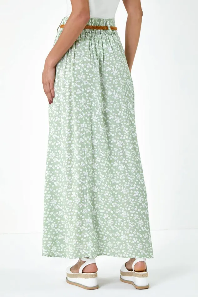 Sage Ditsy Floral Belted A Line Maxi Skirt Women Roman Skirts